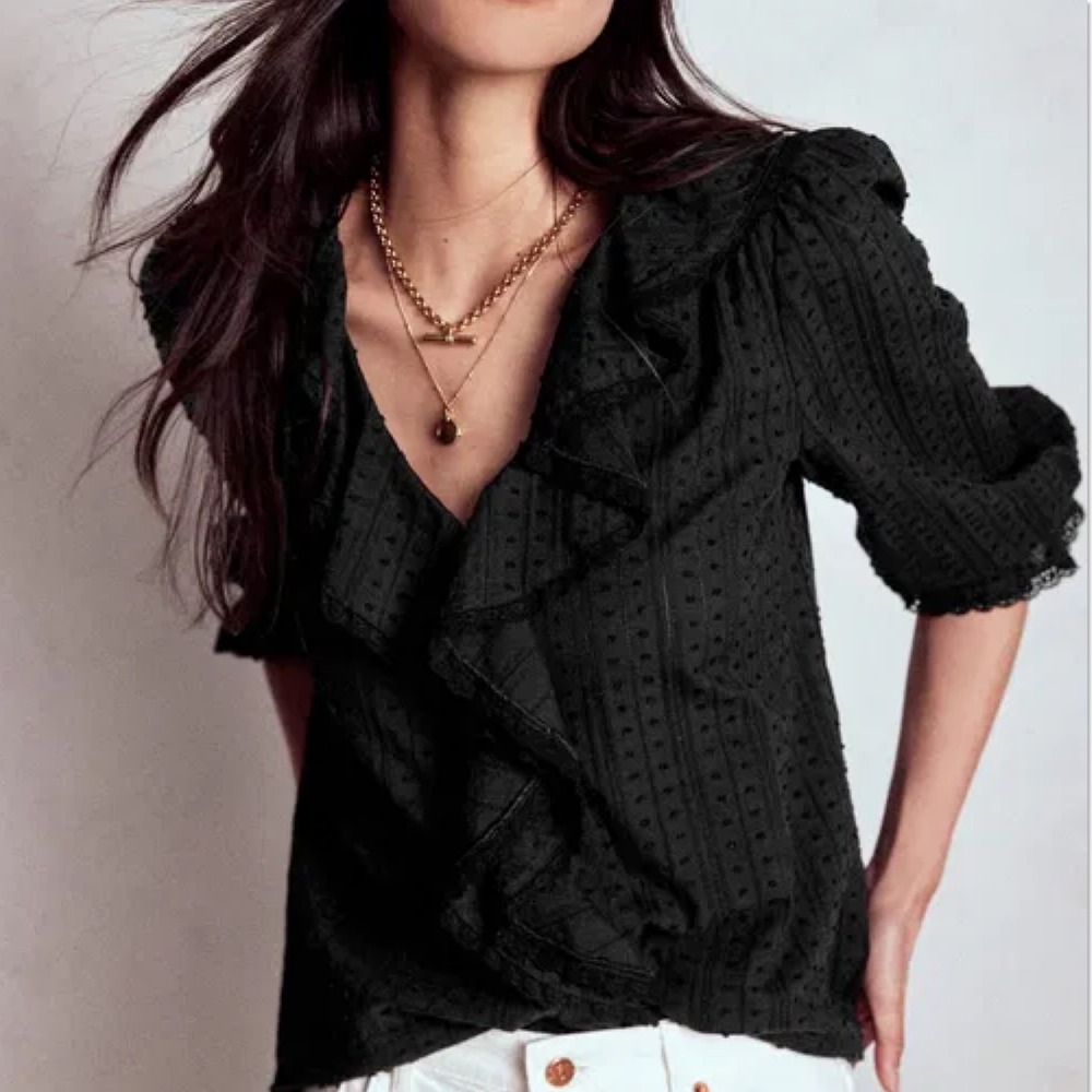 BODEN Eliza Ruffle V-Neck Blouse US 8 Black Dobby Eyelet Top Victorian Boho